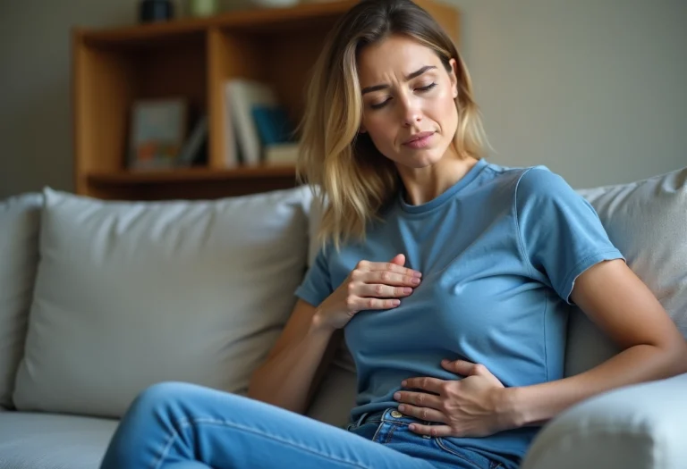 Femme en bleu se tenant le bas du ribcage dans un salon cosy