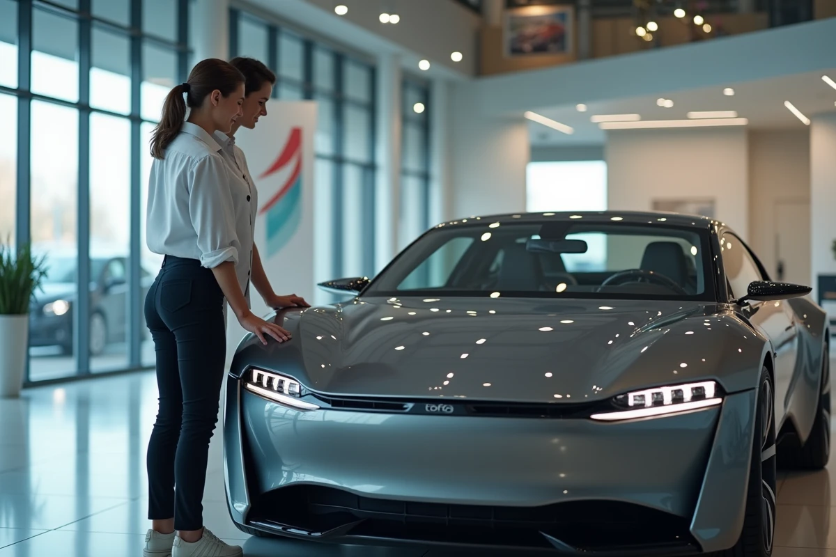 Femme dans showroom pointant tableau de bord voiture