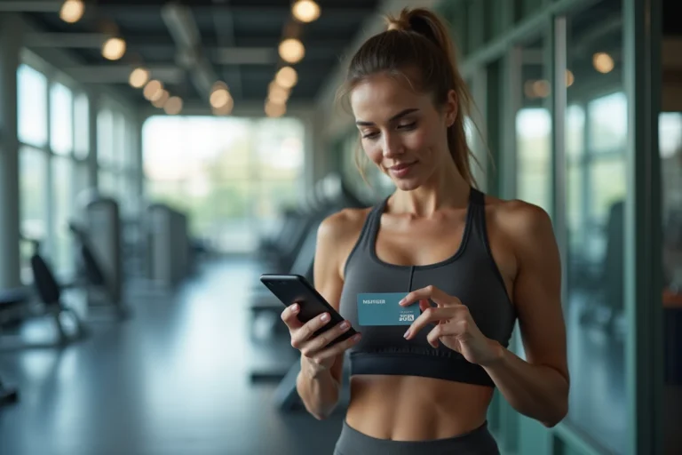 Jeune femme en tenue de sport regardant son smartphone
