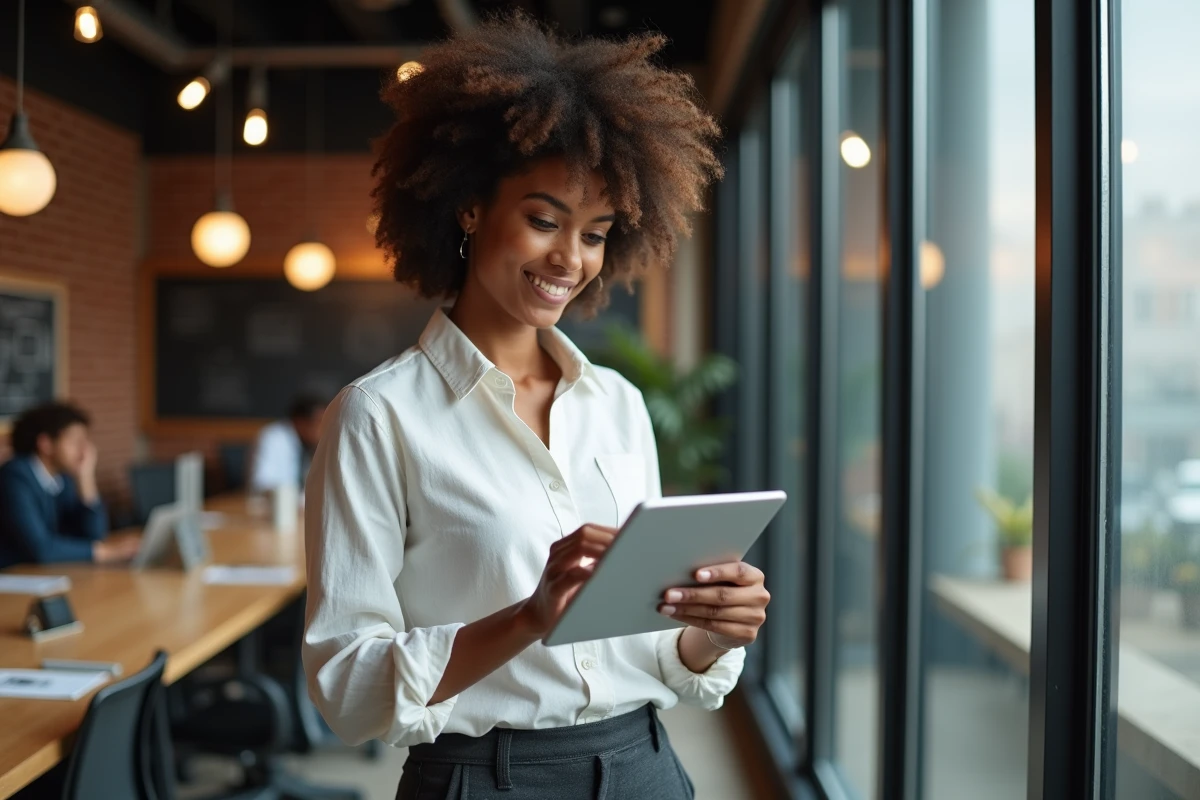 Femme professionnelle consultant des tendances numériques sur une tablette dans un espace de coworking lumineux
