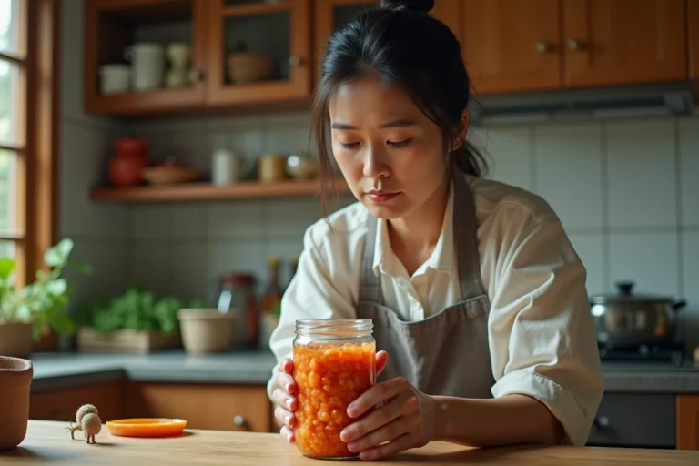 Femme inspectant un pot de kimchi fait maison dans la cuisine