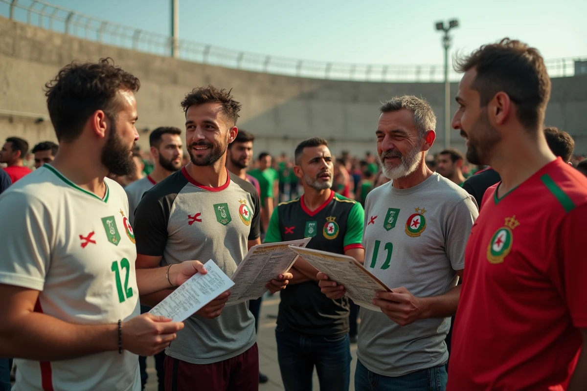 Groupe de supporters algériens de football devant un stade local tenant des fiches de compétition et discutant des résultats