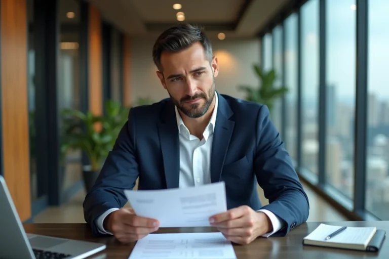 Homme d'affaires en costume marine analysant une stratégie commerciale dans un bureau moderne avec vue sur la ville