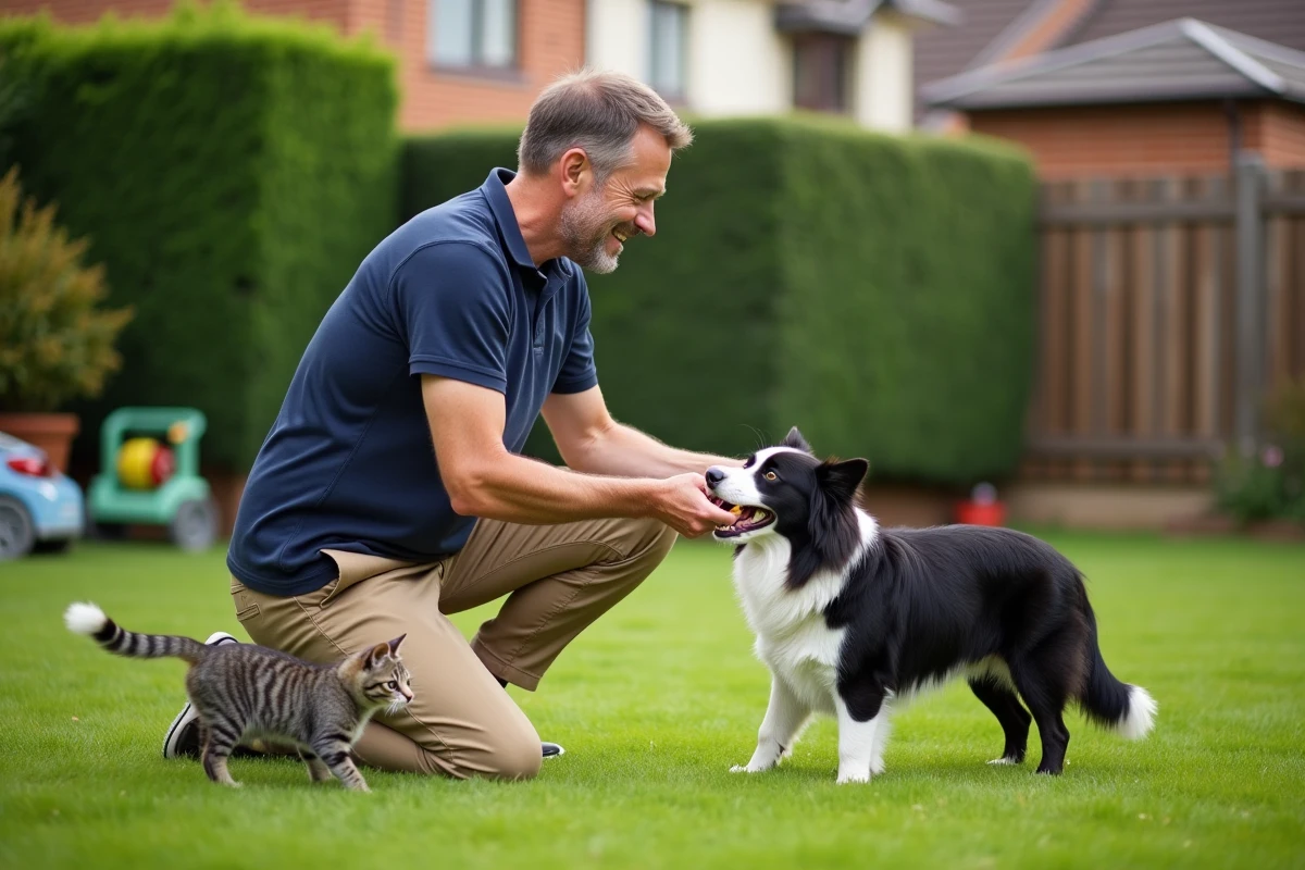 Homme dans le jardin avec chien et chat en extérieur