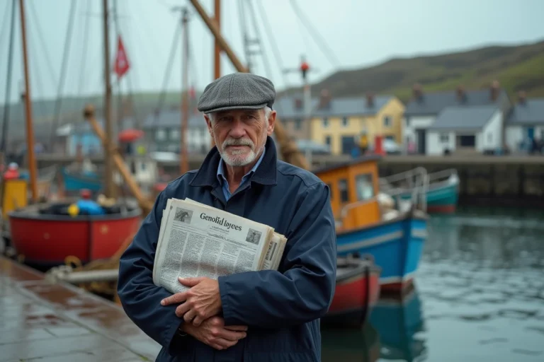 Homme breton en imperméable dans un port breton authentique