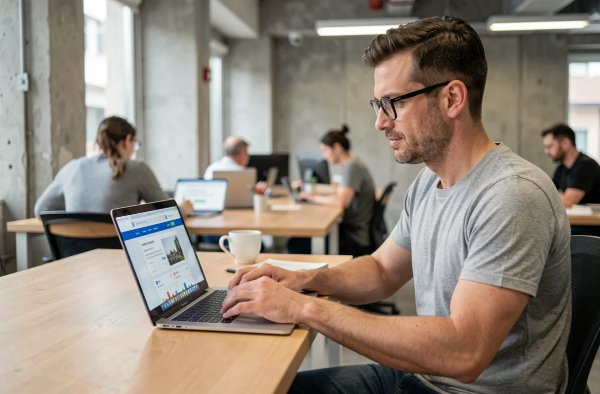 Homme comparant des offres de crédit en ligne sur un ordinateur portable dans un espace de coworking