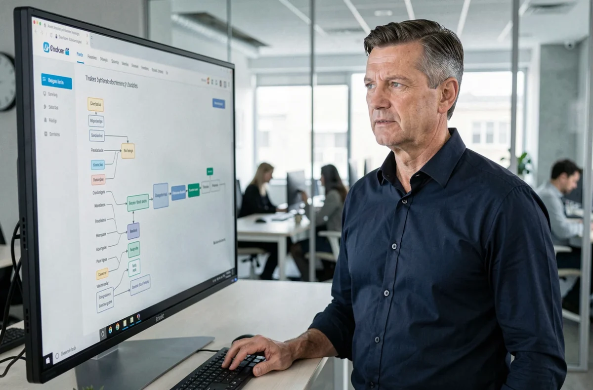 Homme debout devant un écran affichant un plan de site hiérarchique dans un bureau moderne