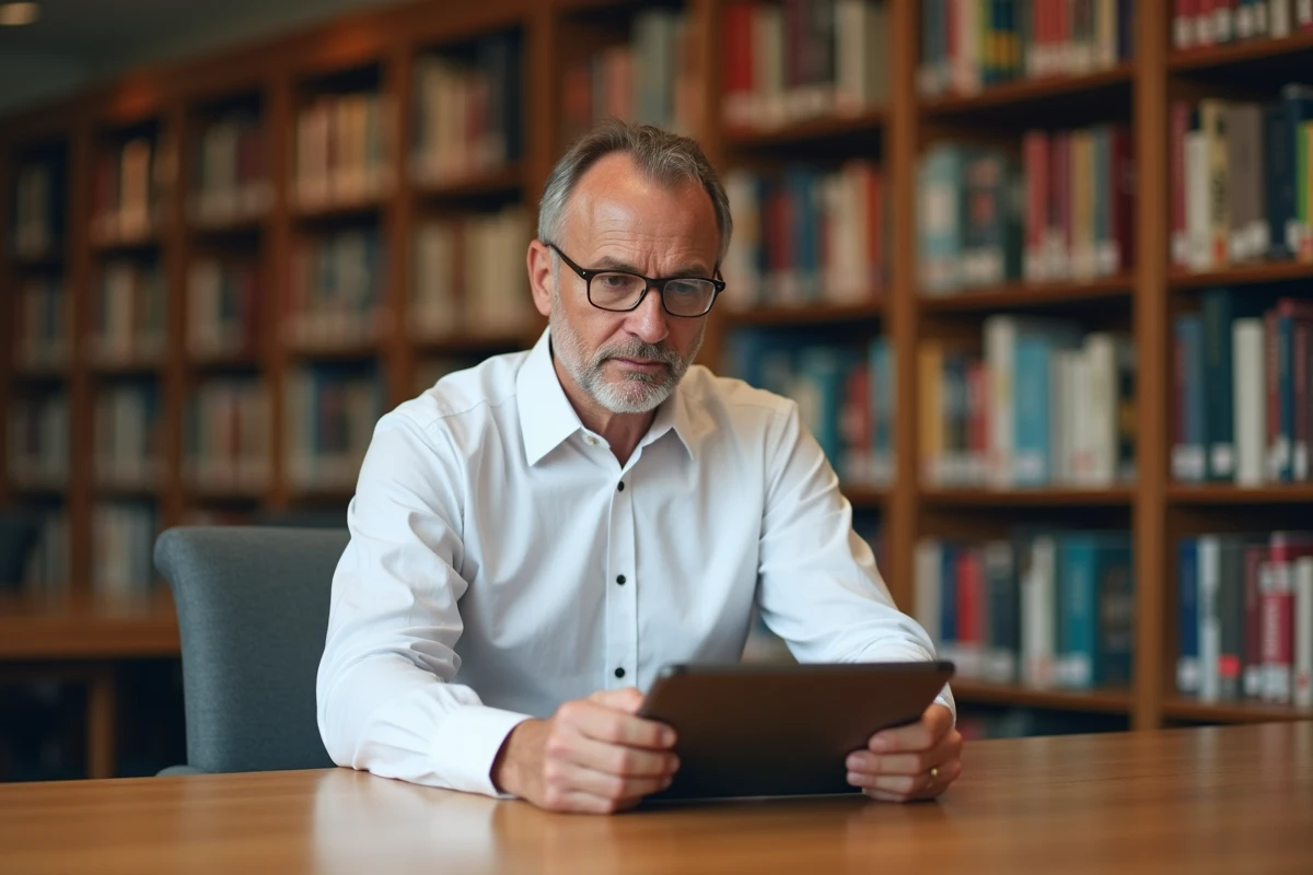 Homme en entretien virtuel dans une bibliothèque calme