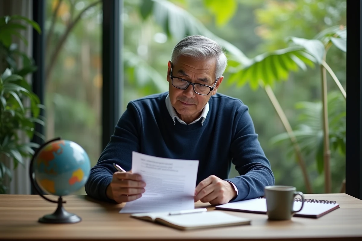 Homme expatrié préparant sa retraite dans un bureau à domicile avec vue sur jardin tropical