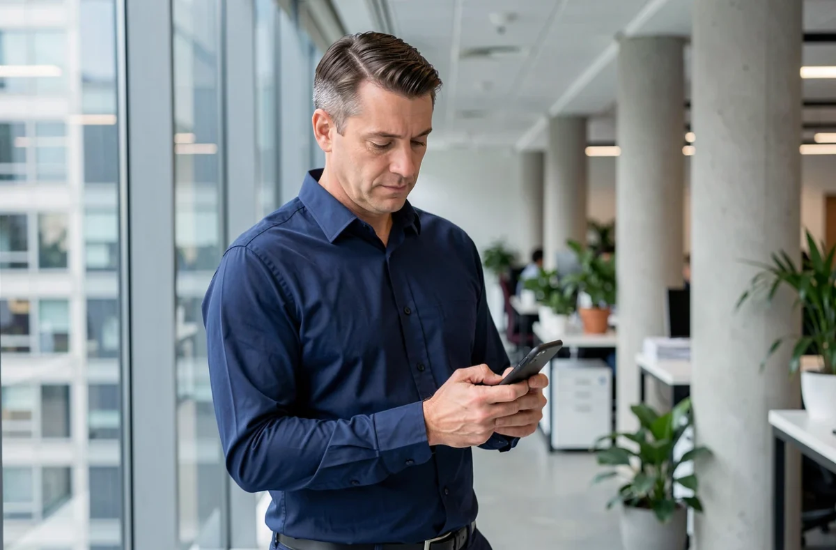 Homme d'affaires gérant ses comptes CMDs sur l'application mobile depuis son bureau en open space