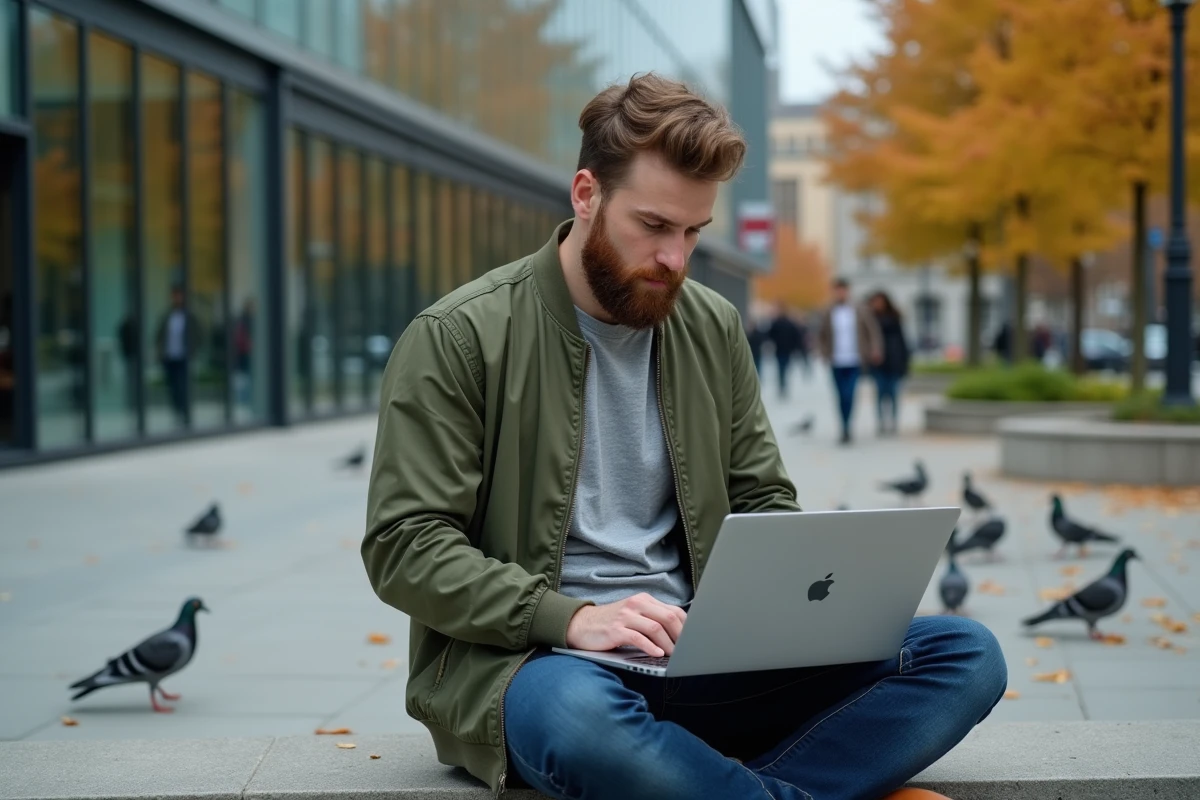 Homme consultant un portail web d'actualités numériques sur un ordinateur portable en extérieur dans un cadre urbain