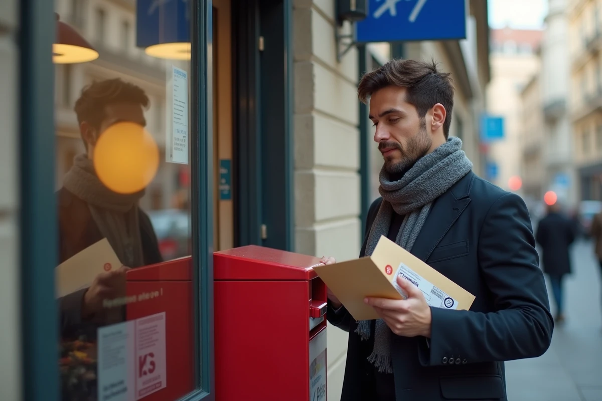 Jeune homme envoyant un formulaire H1 devant la poste