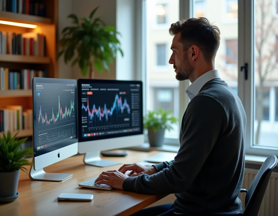Homme professionnel en télétravail analysant les tendances du marché sur deux écrans dans un bureau à domicile moderne