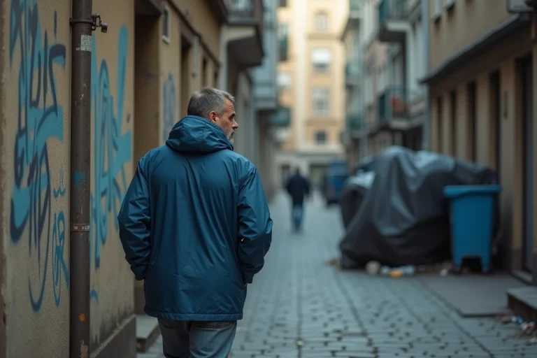 Homme en veste bleue dans une rue urbaine de Bucharest