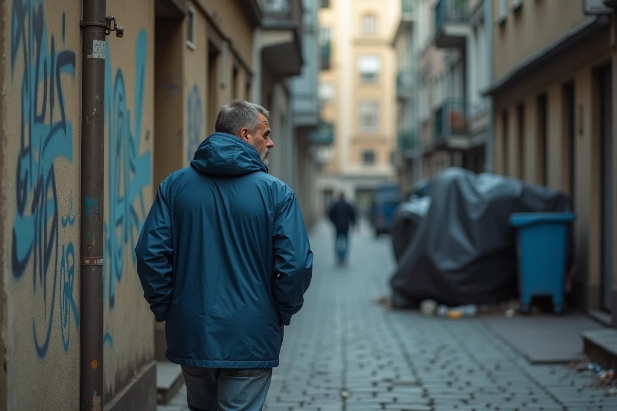 Homme en veste bleue dans une rue urbaine de Bucharest