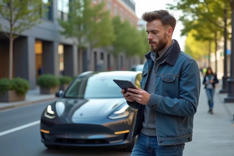 Homme en ville avec voiture électrique et tablette