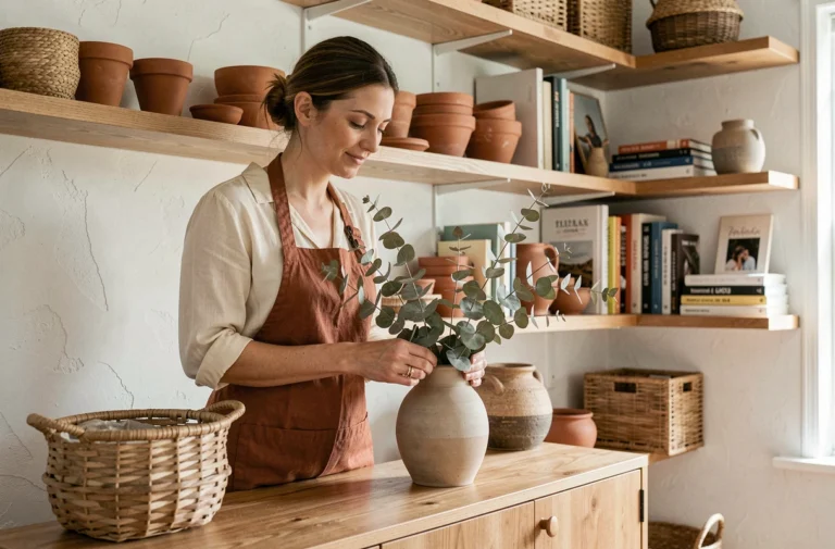 Femme arrangeant des branches d'eucalyptus dans un vase en céramique sur un meuble en bois dans un salon de style scandinave décoré avec soin