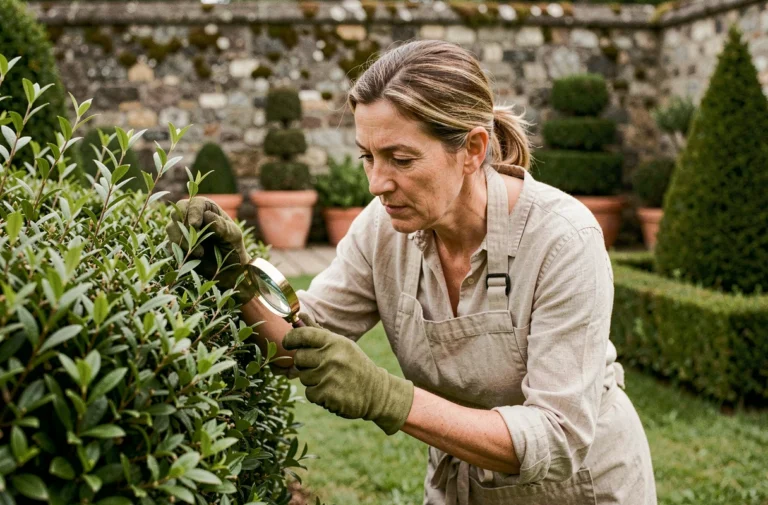 Jardinière inspectant minutieusement une haie de buis pour détecter la présence de chenilles de la pyrale