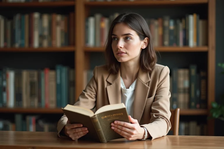 Jeune femme lisant un livre intitulé Origins dans un intérieur cosy