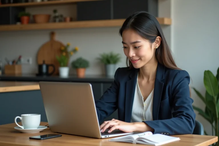 Jeune femme en recherche d'emploi sur son ordinateur portable