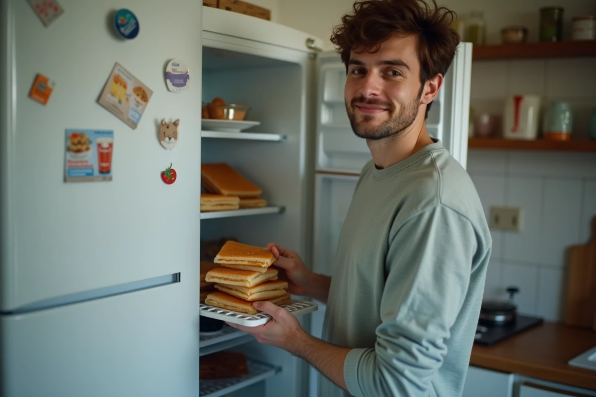 Jeune homme rangeant des sandwichs dans le congélateur