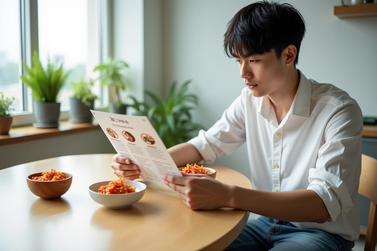 Jeune homme lisant un pamphlet sur la sécurité alimentaire avec kimchi