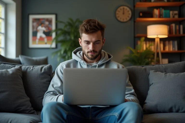Jeune homme sur canapé regardant un match de sport en streaming
