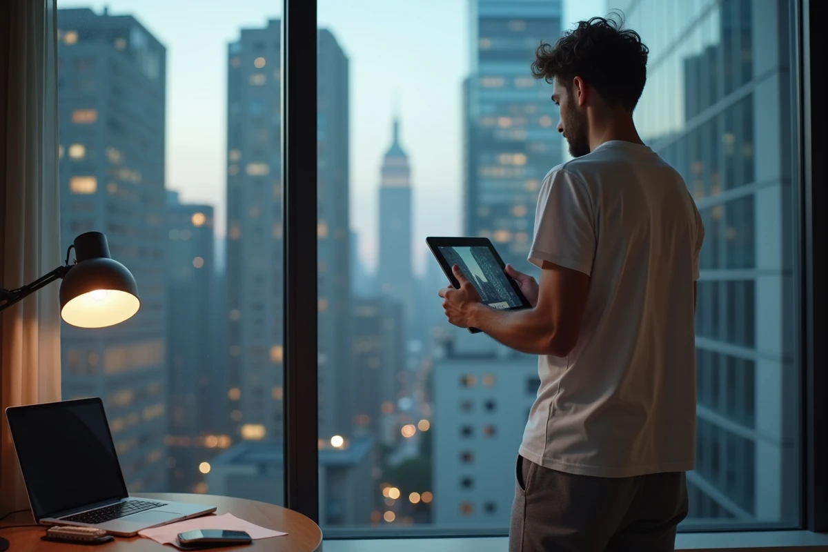 Jeune homme regardant une tablette dans un appartement urbain