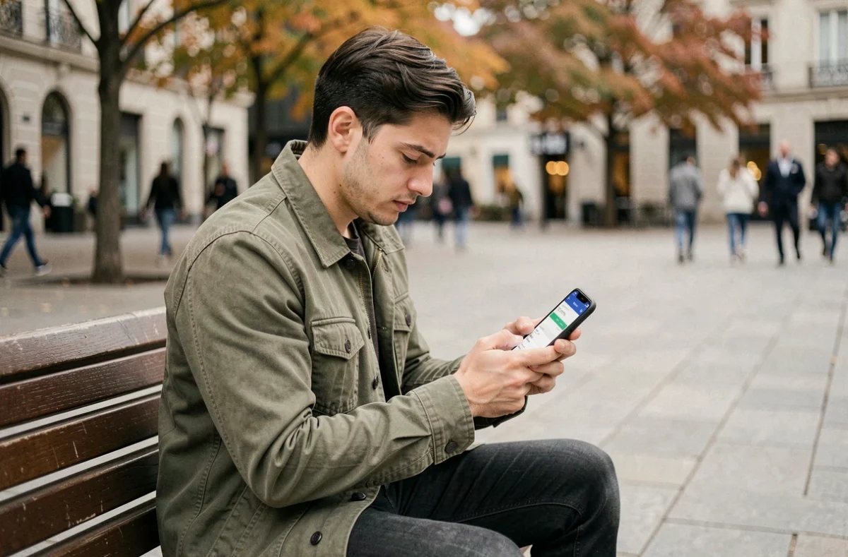 Jeune homme vérifiant ses transactions CMDs sur l'application mobile en extérieur dans un espace urbain