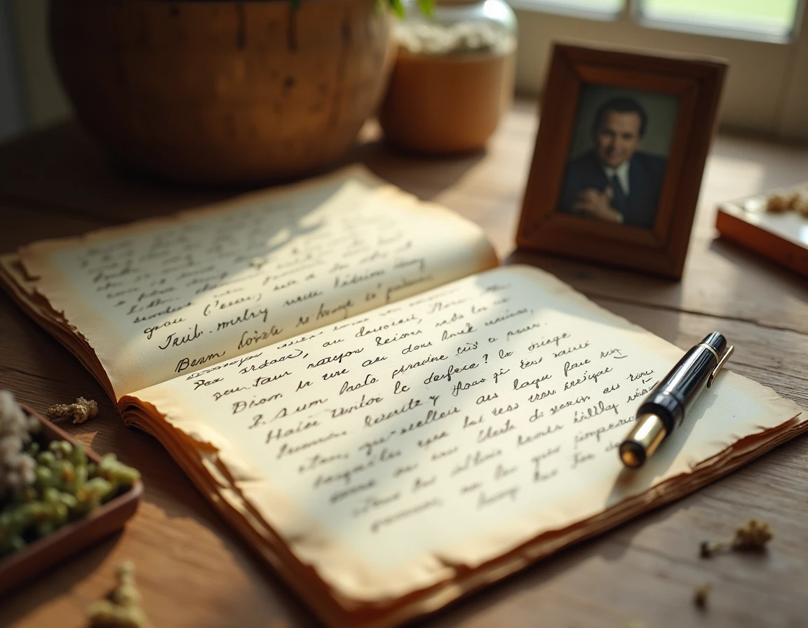 Lettre manuscrite émouvante pour un mariage posée sur une table en bois avec une photo de famille et un stylo plume, composition soignée et intime
