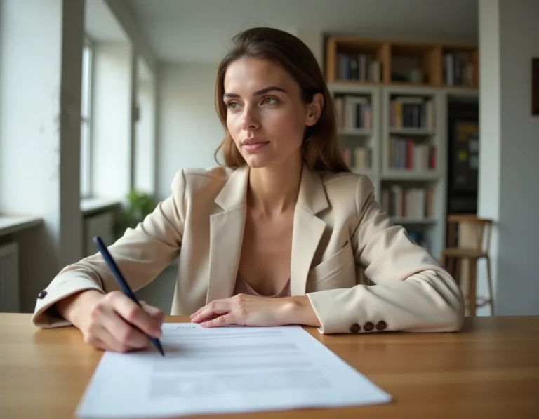 Femme locataire lisant attentivement un contrat de location immobilière à une table en bois dans un appartement moderne
