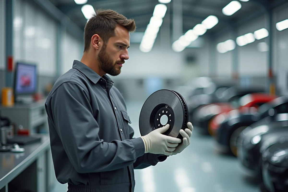 Mécanicien automobile inspectant un disque de frein en céramique retiré du véhicule en atelier