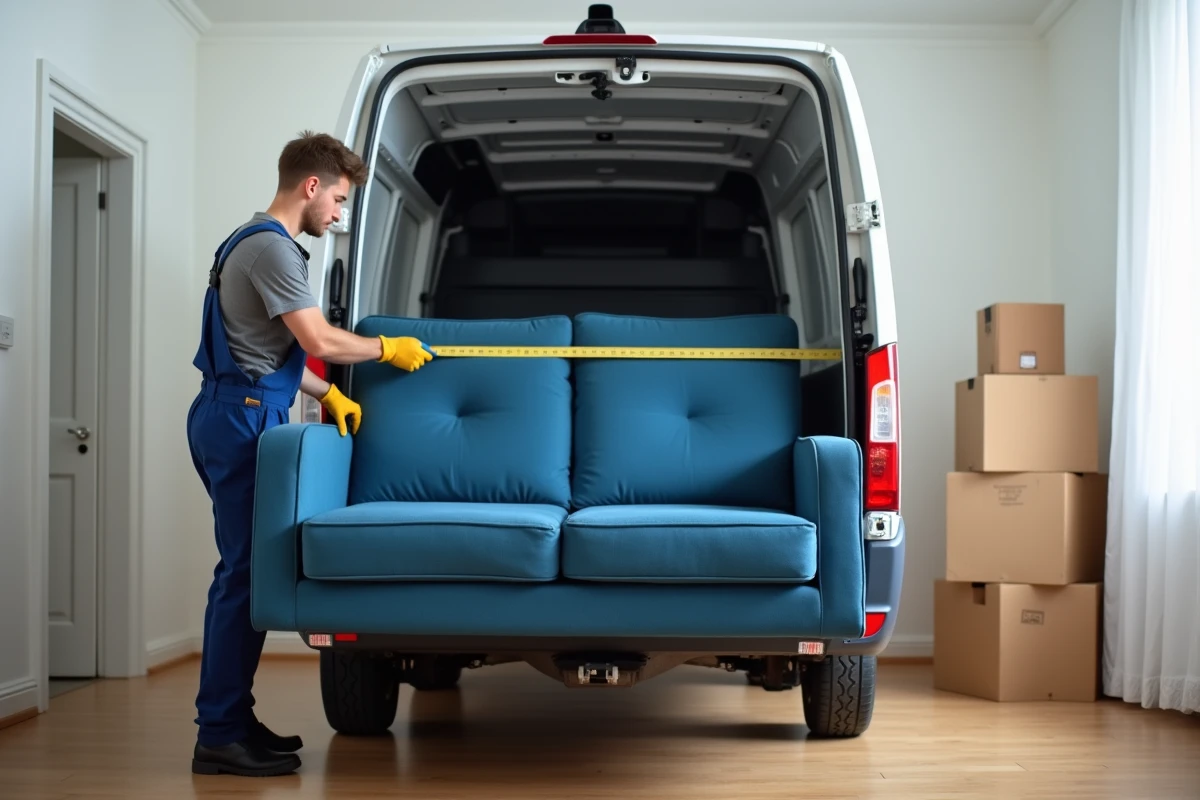 Jeune homme mesure un canapé dans un couloir d