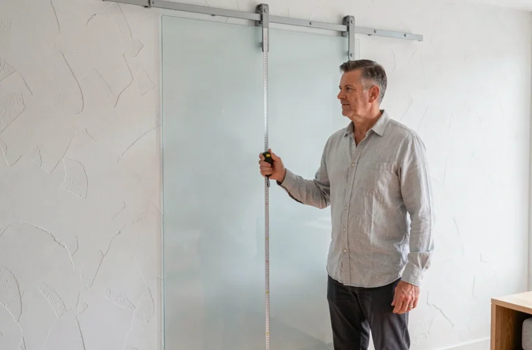 Designer mesurant la hauteur standard d'une porte coulissante en verre dans un intérieur scandinave