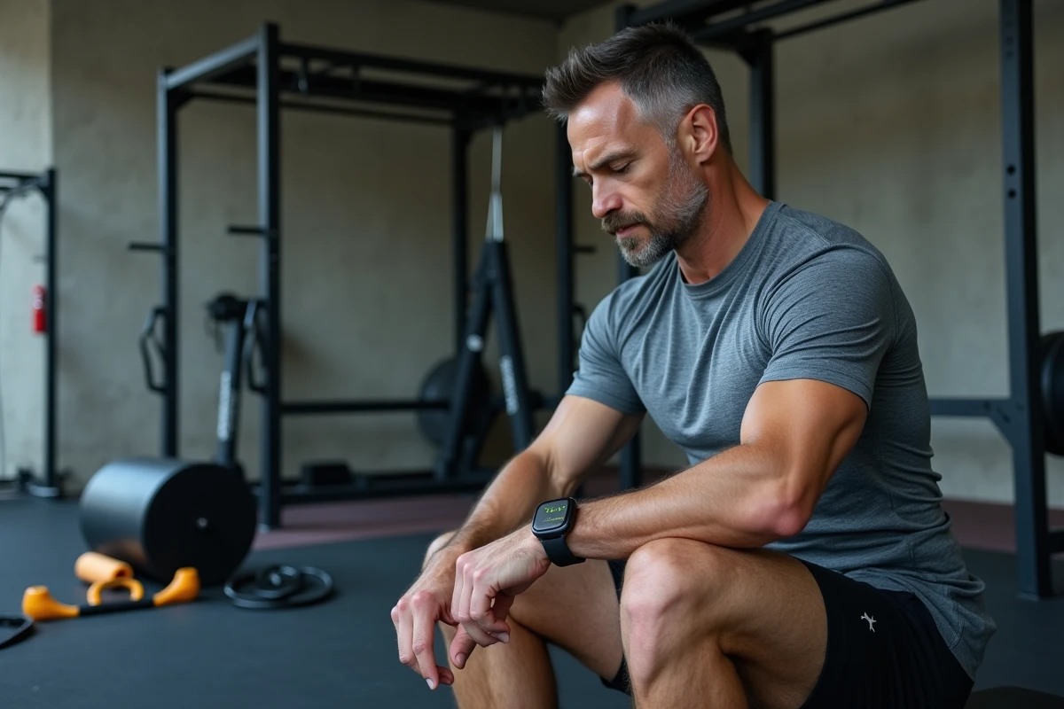 Sportif consultant sa montre connectée entouré d'équipements de fitness organisés dans une salle de sport