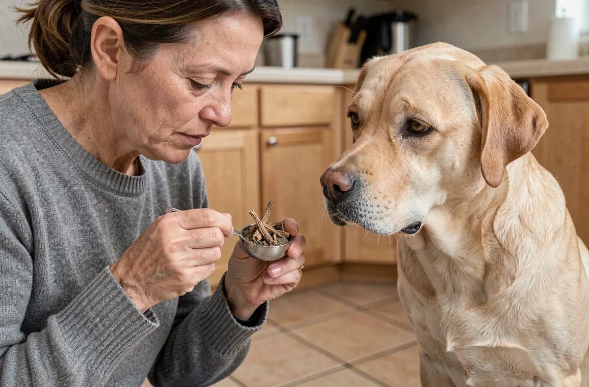 Femme préparant une dose d'harpagophytum en poudre pour son chien Labrador senior dans une cuisine