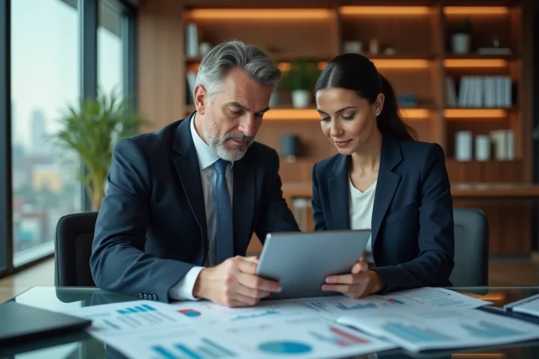 Homme et femme d affaires analysant des documents financiers