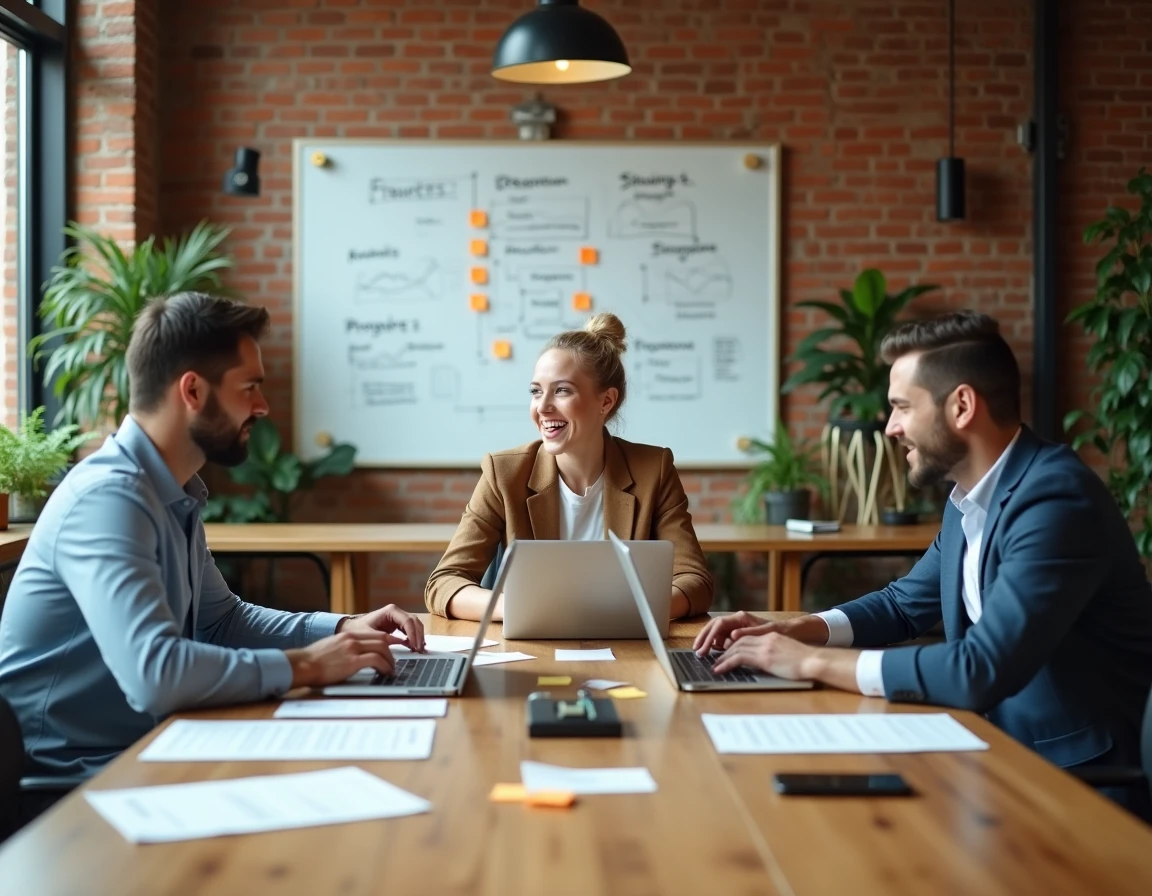 Groupe d'entrepreneurs en réunion stratégique autour d'une table en bois dans une salle de co-working moderne