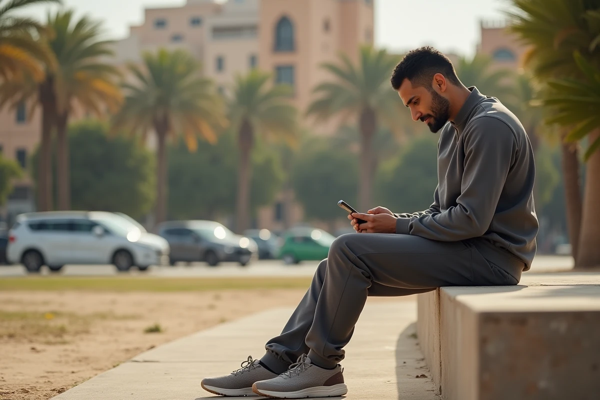 Supporter algérien consultant une application de football sur smartphone dans un parc urbain d'Alger