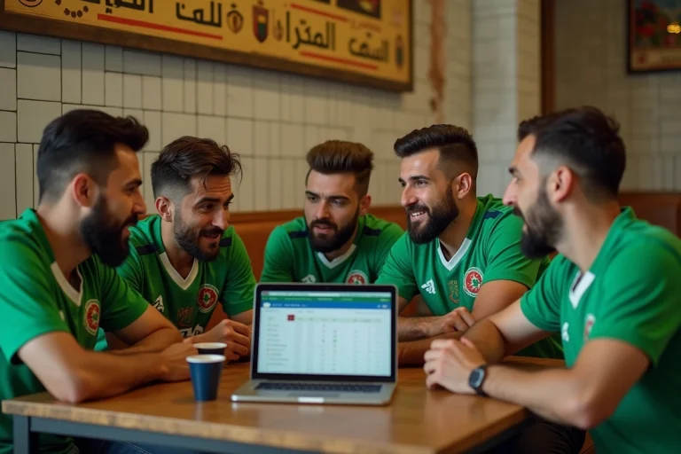Supporters algériens de football en discussion animée autour d'un ordinateur portable affichant un site de compétition sportive dans un café traditionnel