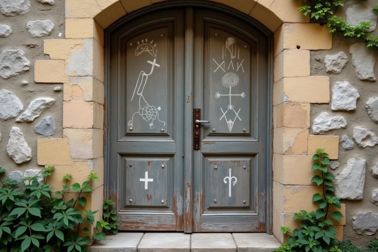 Symboles gitans gravés et tracés à la craie sur une vieille porte en bois d'une maison européenne