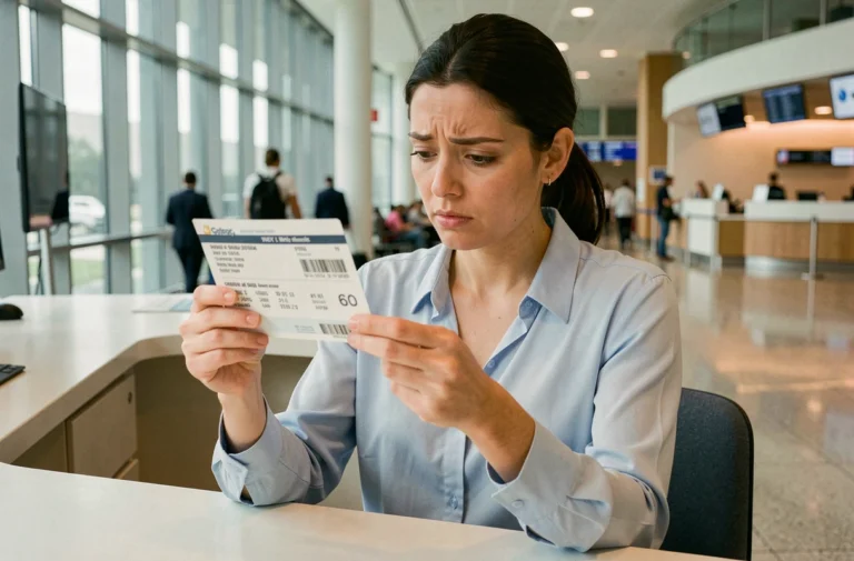 Femme examinant son billet Air France à un comptoir d'aéroport pour vérifier son nom
