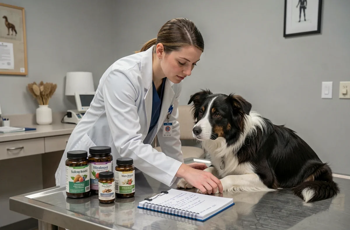 Vétérinaire en consultation avec un Border Collie et des suppléments d'harpagophytum sur la table d'examen